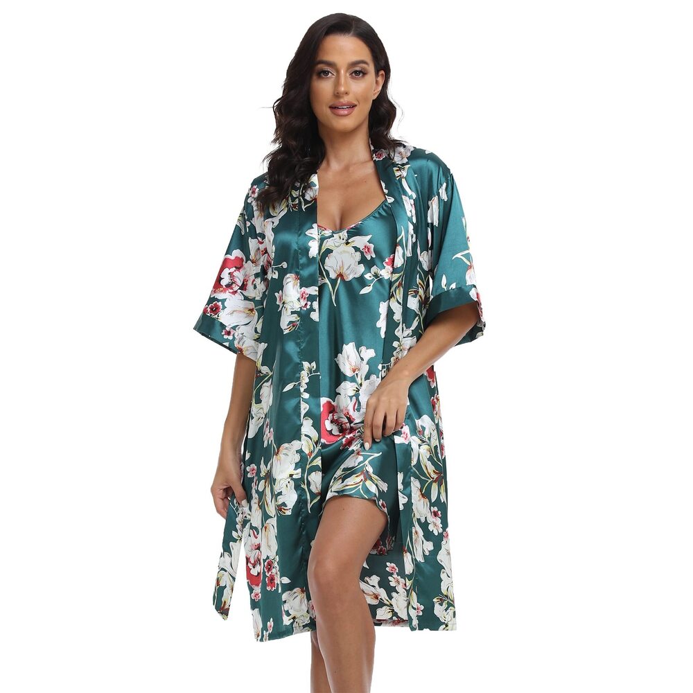 8789 Satin Robes Set with Nightgown Silk Kimono Pajamas 2 Piece Sleepwear - Picture 4 of 4